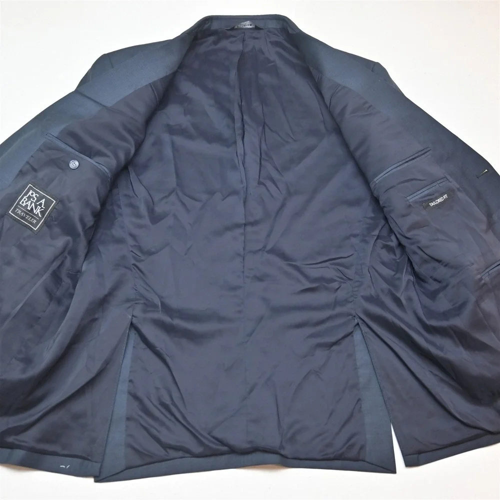 Jos A Bank 46R 38x32 Blue 100% Wool Traveler Mens Jacket Pants Suit